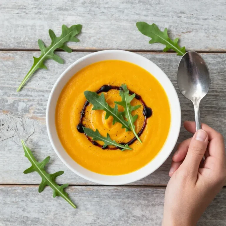 Eine cremige vegane Kürbissuppe in einer Schale, garniert mit Kürbiskernen und frischer Petersilie.