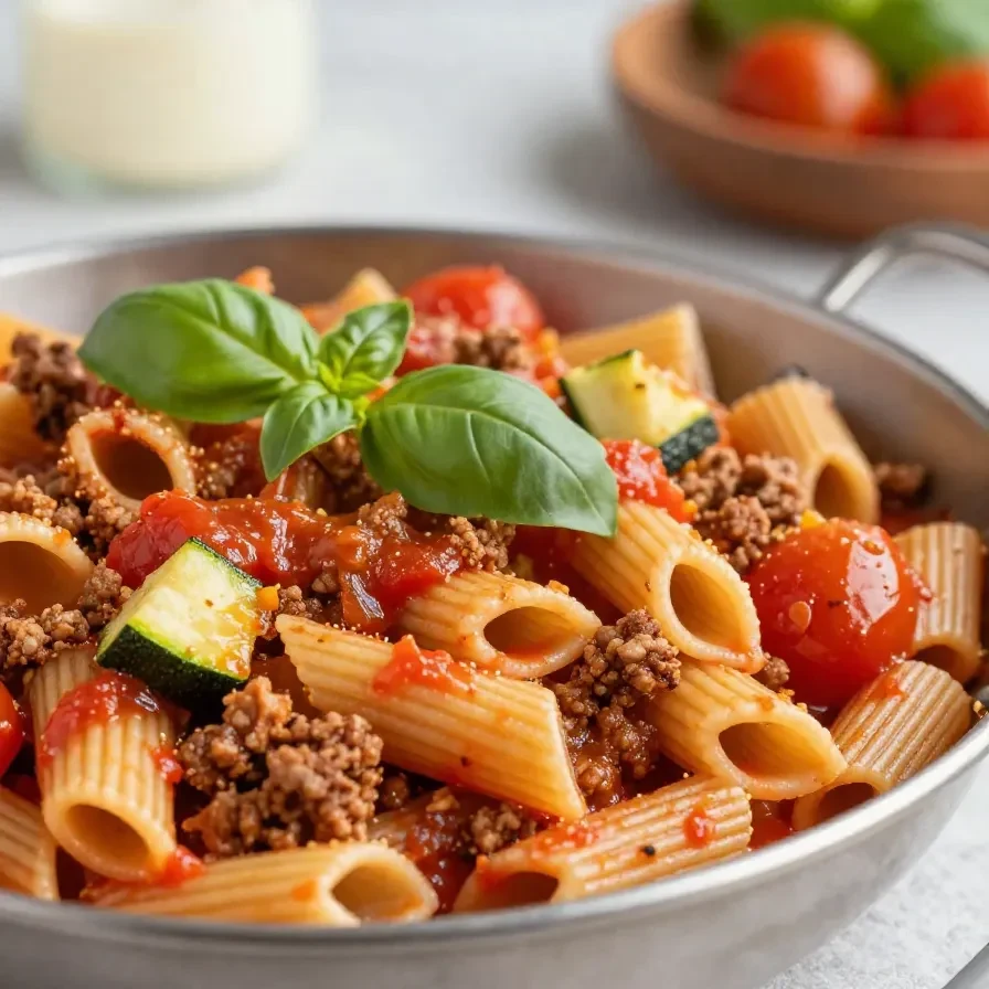Rigatoni mit Wurst, Tomaten und Zucchini auf einem hellen Teller angerichtet