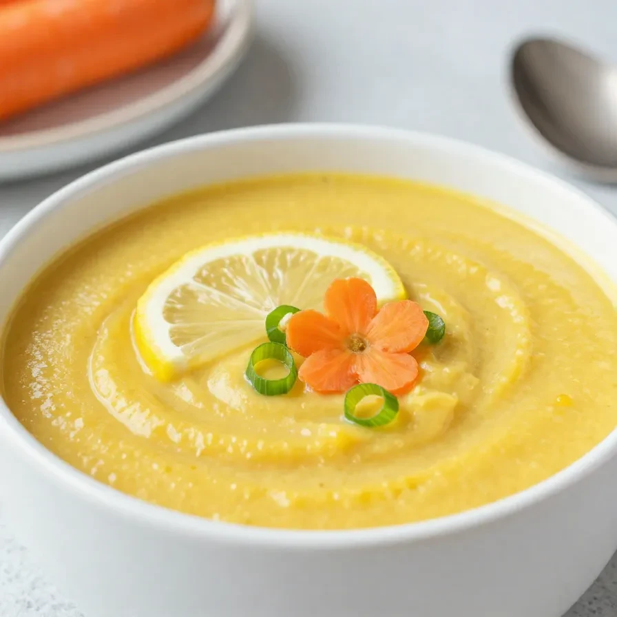 Eine cremige Karotten-Zucchini-Suppe in einer weißen Schale, garniert mit frischen Kräutern.
