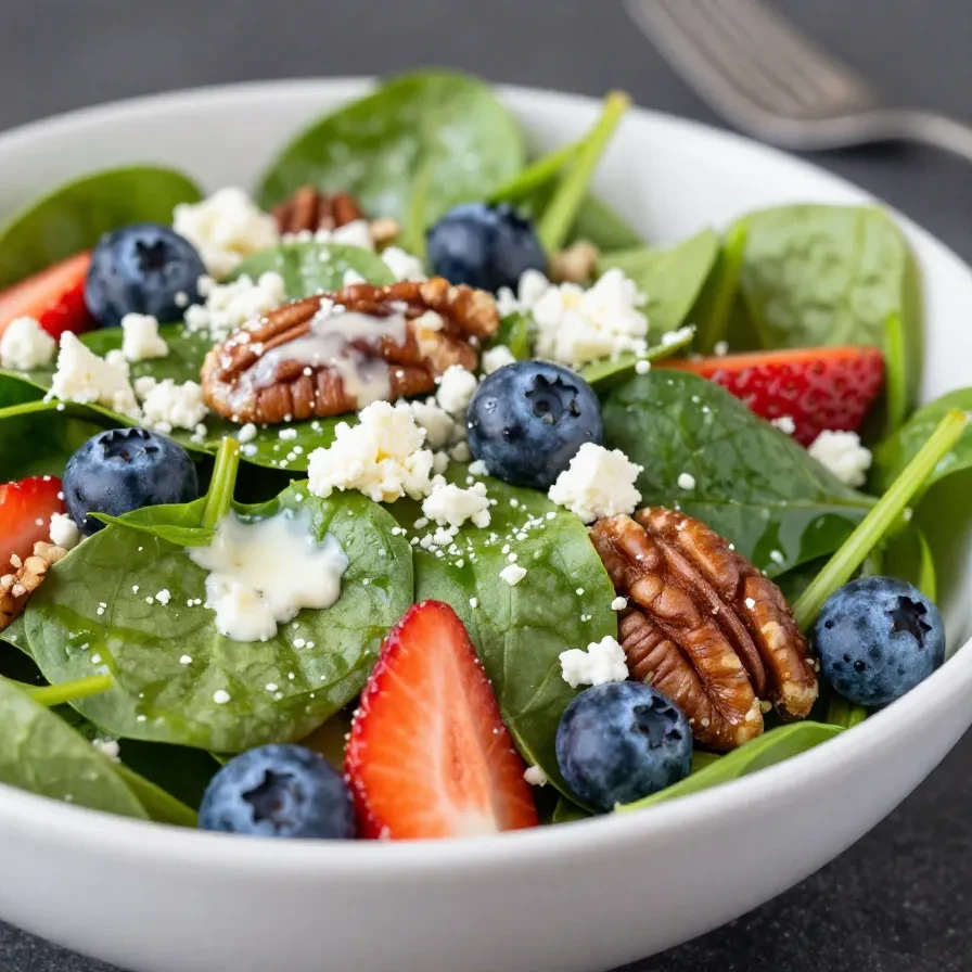 Frischer Erdbeer-Spinat-Salat mit Blaubeeren, Pekannüssen, Feta und Balsamico-Glasur in einer Schüssel