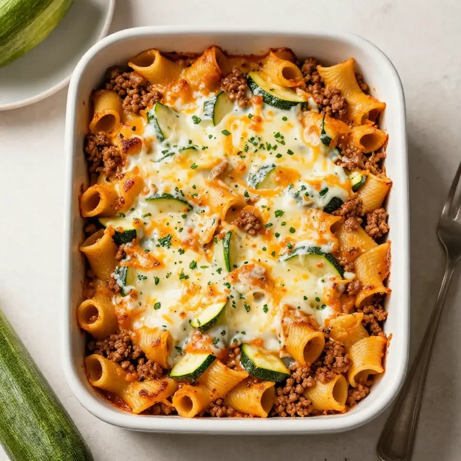 Goldbraun überbackenes Kritharaki-Gratin mit Hackfleisch, Zucchini und Schafskäse in einer Auflaufform.