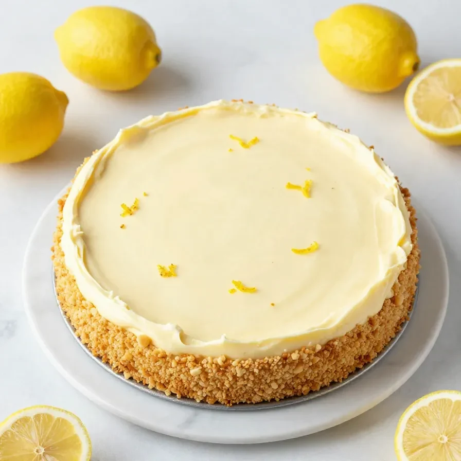 Zitronen Mascarpone Torte ohne Backen mit cremiger Füllung und frischen Zitronenscheiben auf einem Kuchenständer