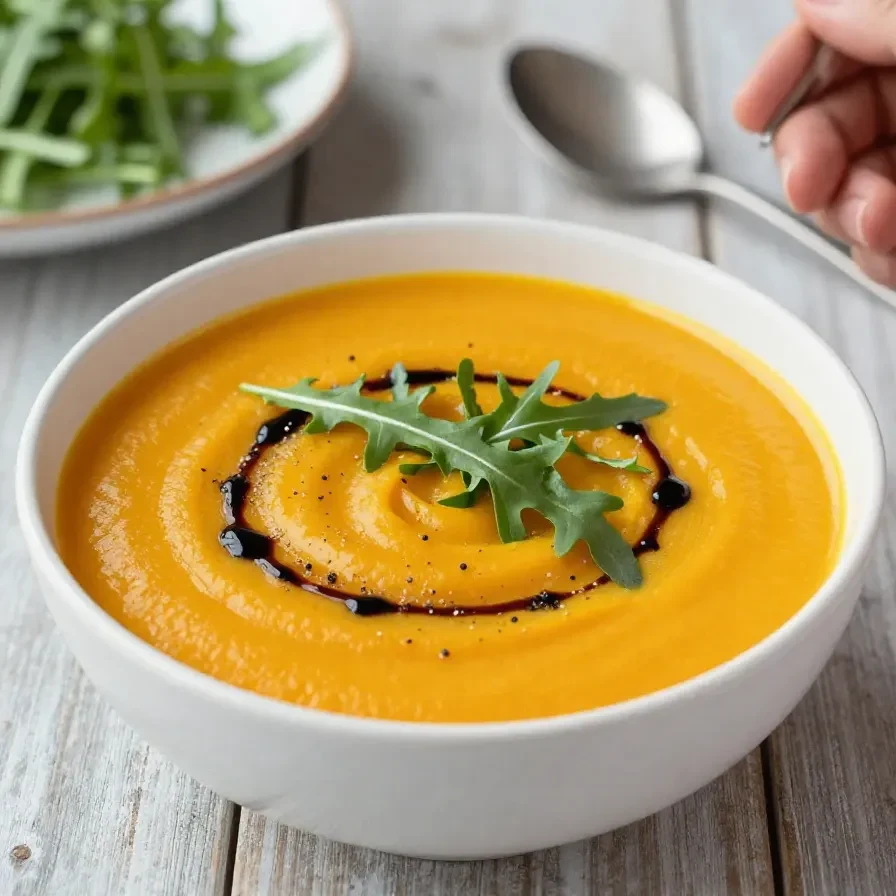 Eine cremige vegane Kürbissuppe in einer Schale, garniert mit Kürbiskernen und frischer Petersilie.