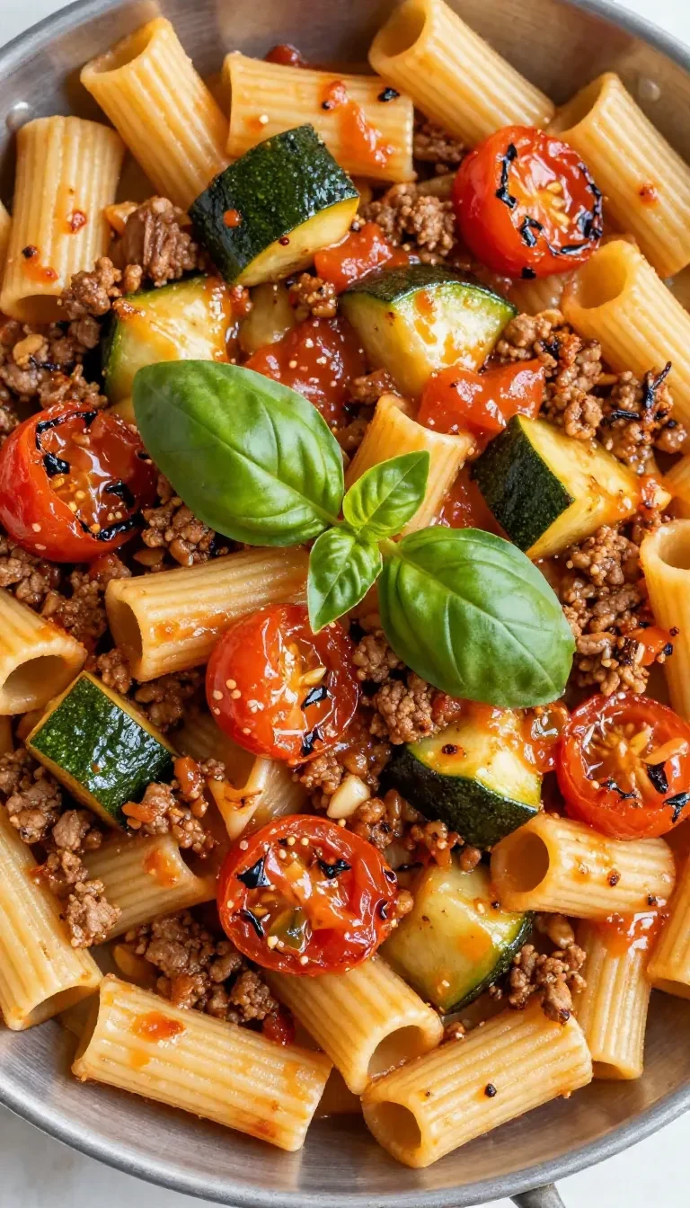 Rigatoni mit Wurst, Tomaten und Zucchini auf einem hellen Teller angerichtet