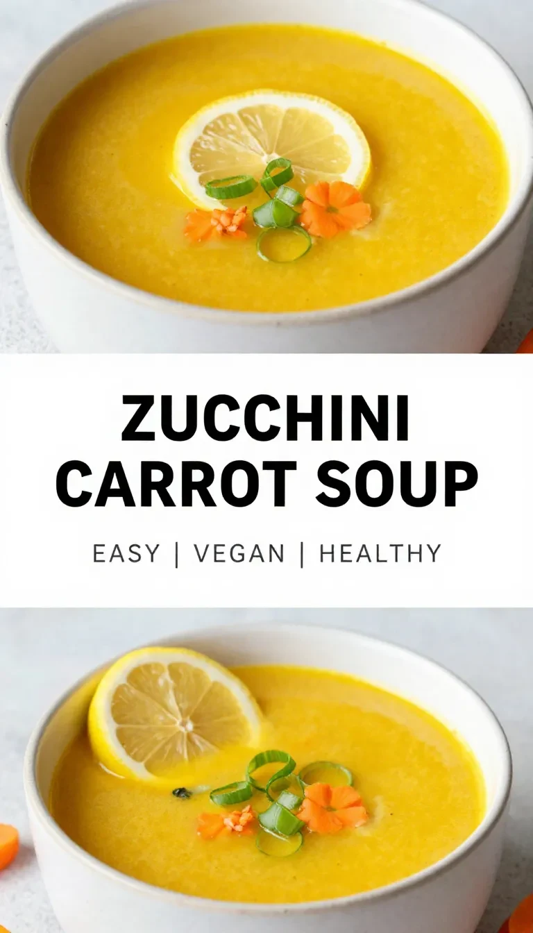 Eine cremige Karotten-Zucchini-Suppe in einer weißen Schale, garniert mit frischen Kräutern.