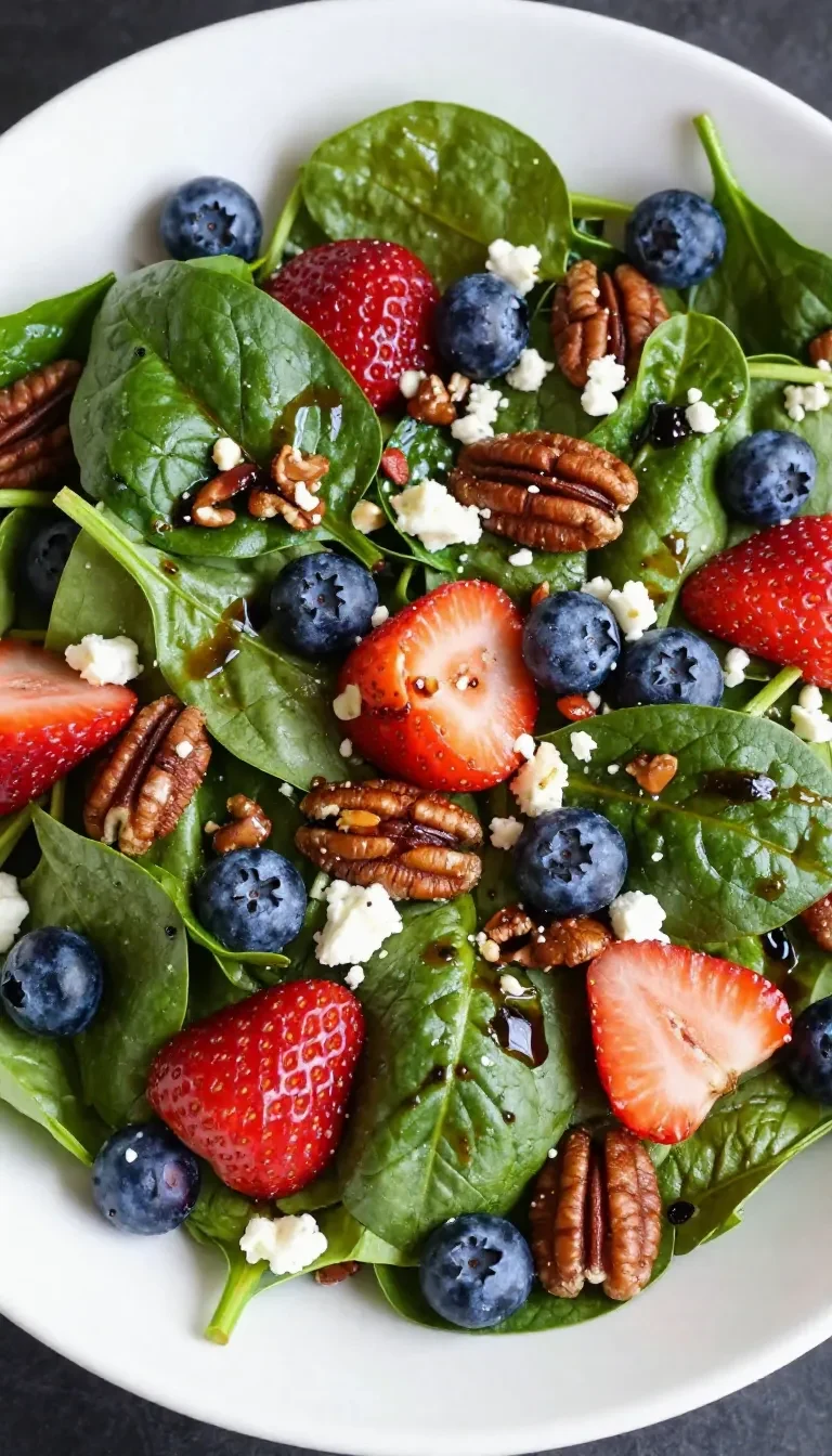 Frischer Erdbeer-Spinat-Salat mit Blaubeeren, Pekannüssen, Feta und Balsamico-Glasur in einer Schüssel