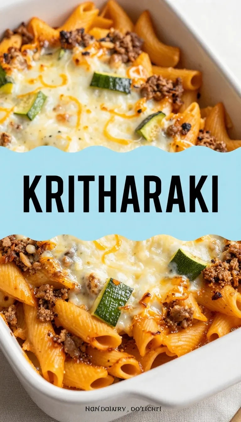 Goldbraun überbackenes Kritharaki-Gratin mit Hackfleisch, Zucchini und Schafskäse in einer Auflaufform.