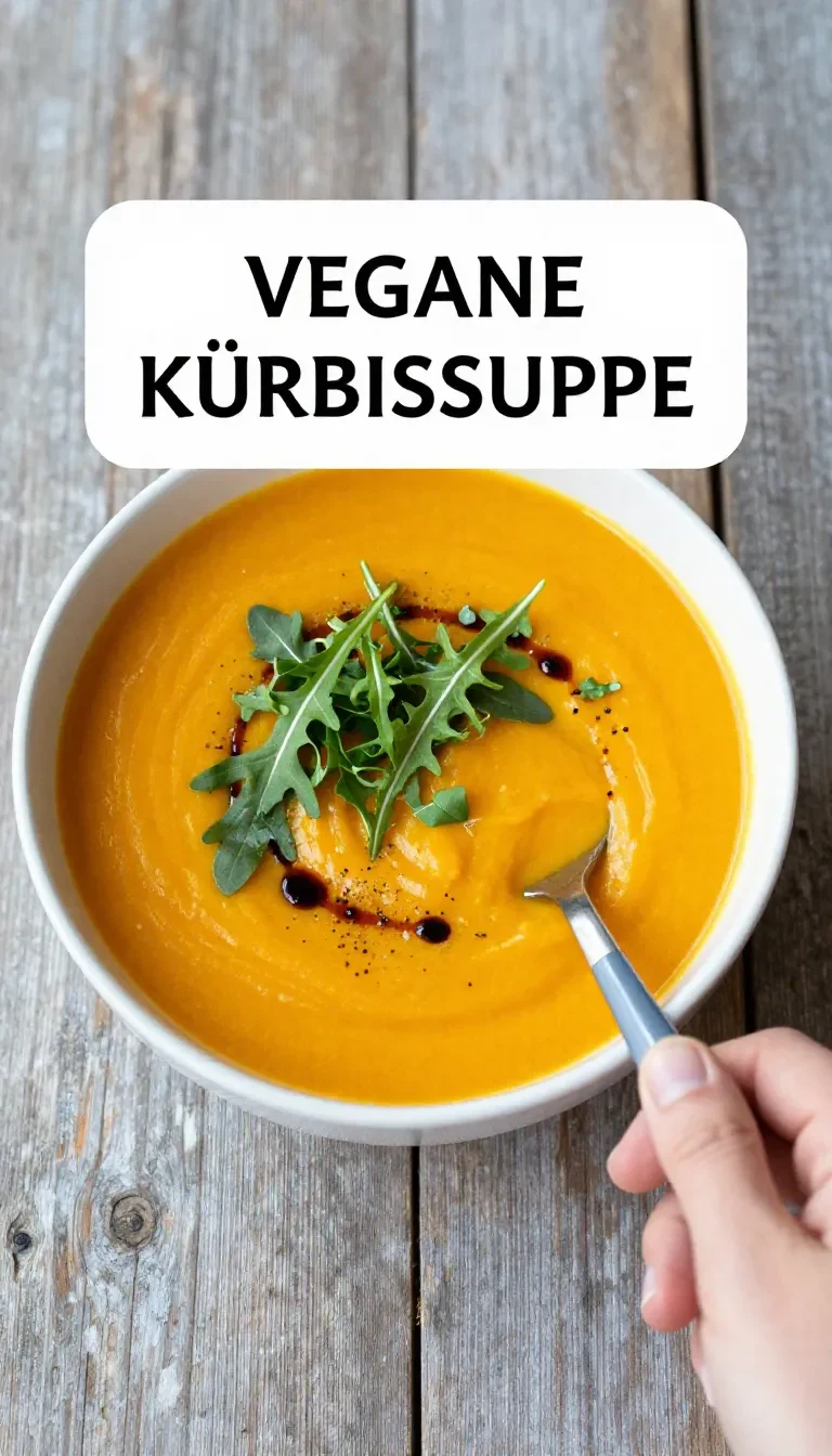 Eine cremige vegane Kürbissuppe in einer Schale, garniert mit Kürbiskernen und frischer Petersilie.
