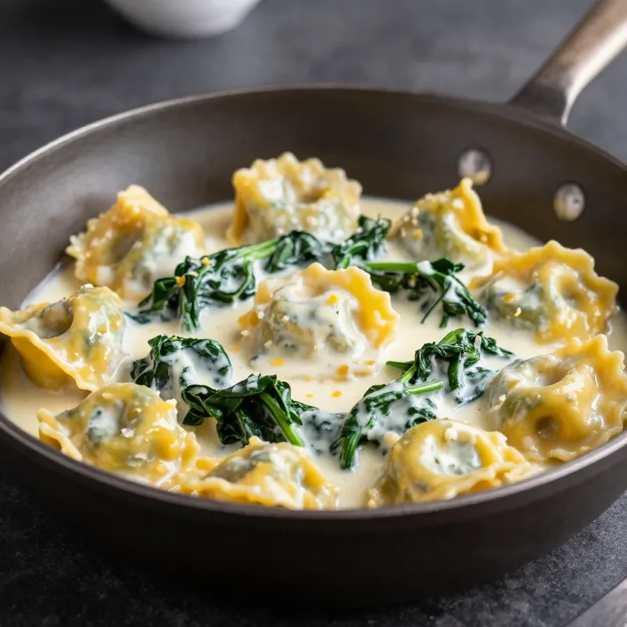 Teller mit schnellen Tortellini in cremiger Gorgonzola-Spinat-Sauce, serviert mit frischem Parmesan
