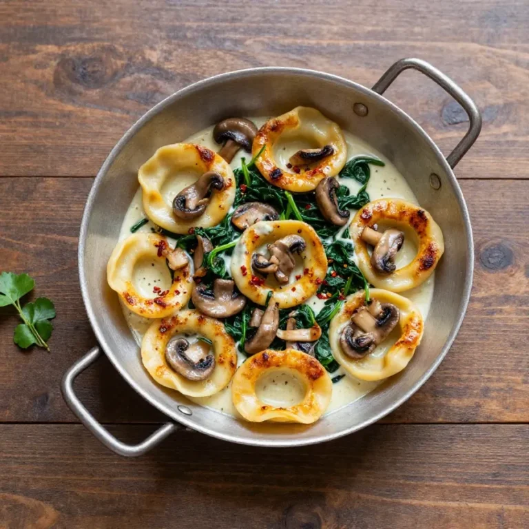 Cremige Gnocchi mit Spinat und Pilzen in einer Sahnesauce mit Knoblauch und geräucherter Paprika, serviert in einer Schale.