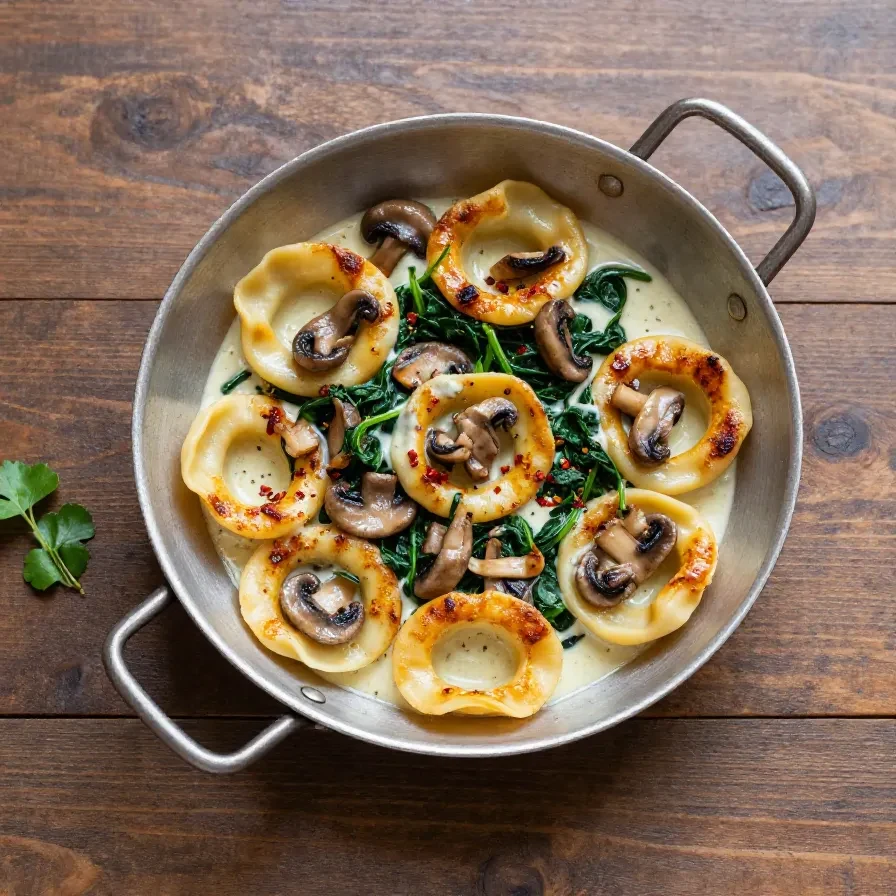 Cremige Gnocchi mit Spinat und Pilzen in einer Sahnesauce mit Knoblauch und geräucherter Paprika, serviert in einer Schale.