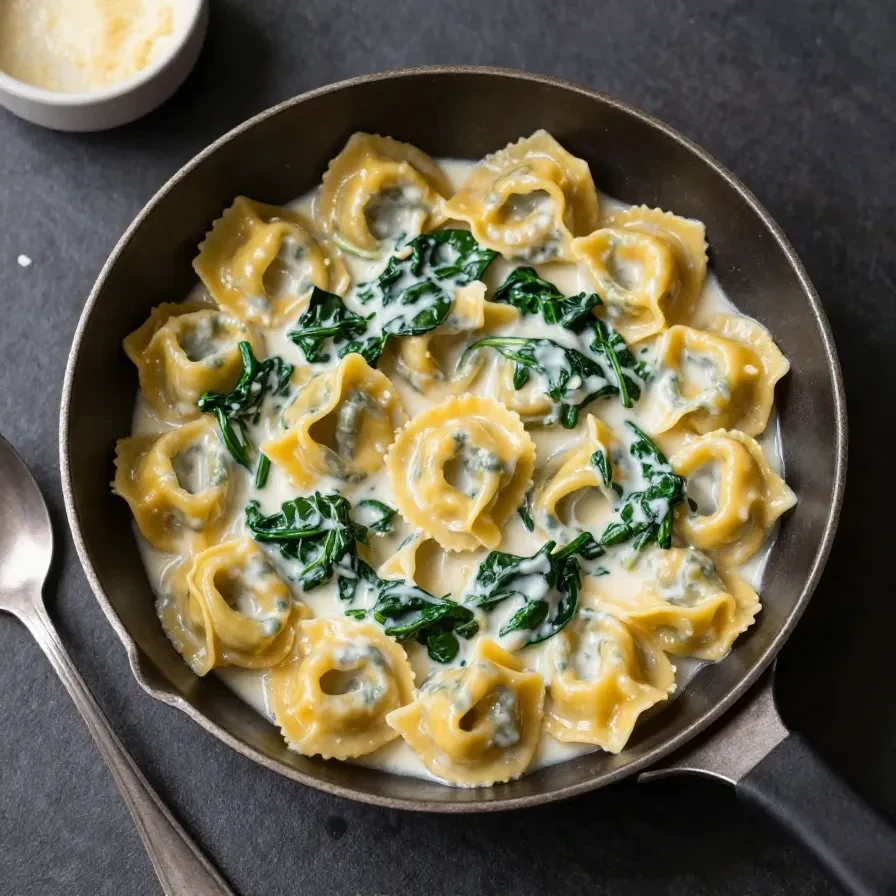 Teller mit schnellen Tortellini in cremiger Gorgonzola-Spinat-Sauce, serviert mit frischem Parmesan