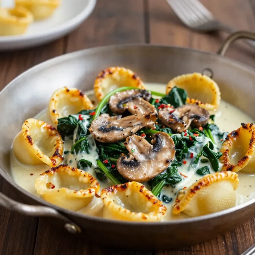 Cremige Gnocchi mit Spinat und Pilzen in einer Sahnesauce mit Knoblauch und geräucherter Paprika, serviert in einer Schale.