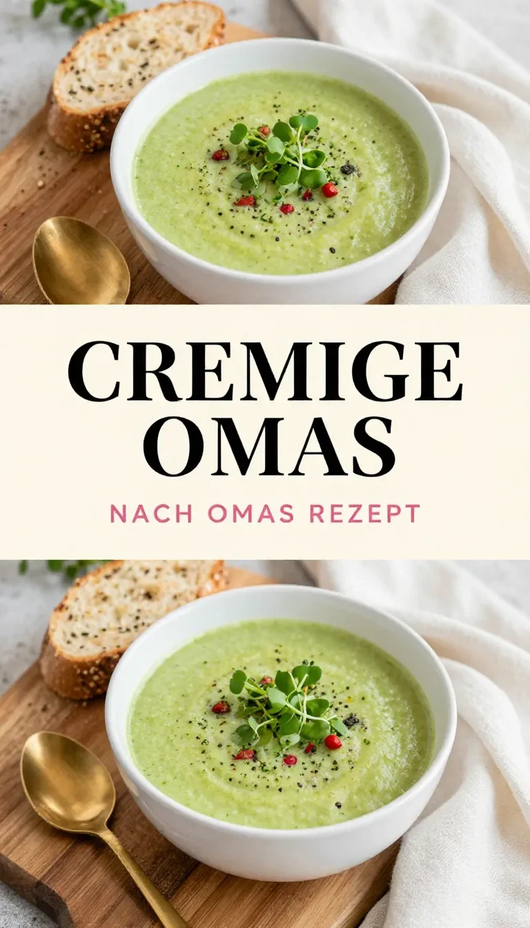 Eine cremige Zucchinisuppe in einer weißen Schale, garniert mit frischen Kräutern und einem Löffel daneben.