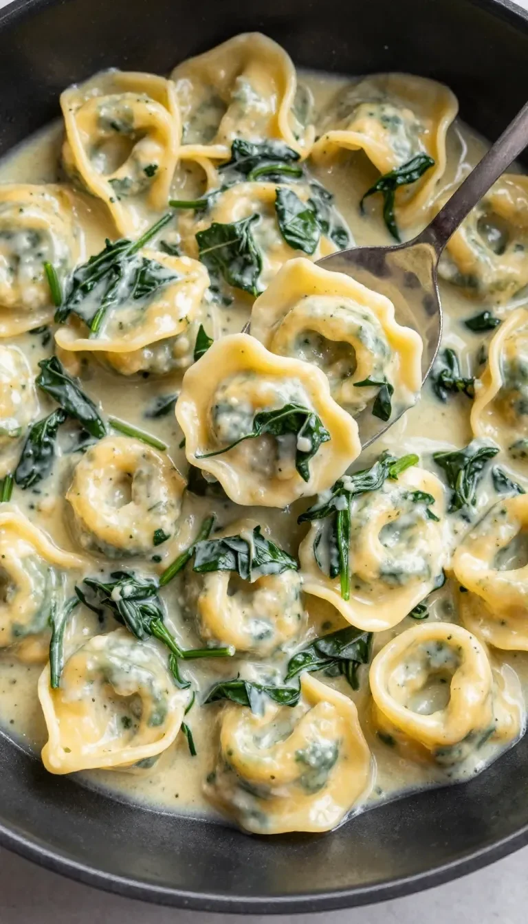 Teller mit schnellen Tortellini in cremiger Gorgonzola-Spinat-Sauce, serviert mit frischem Parmesan