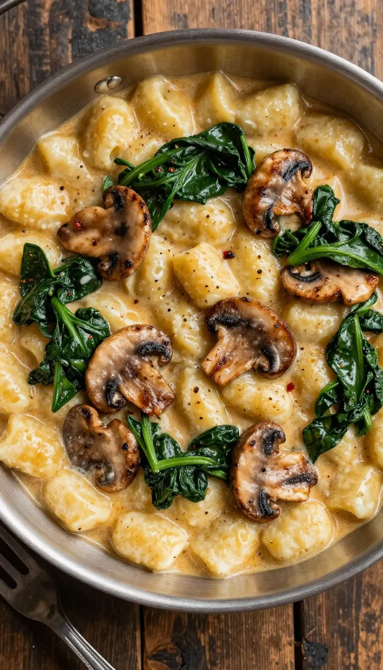 Cremige Gnocchi mit Spinat und Pilzen in einer Sahnesauce mit Knoblauch und geräucherter Paprika, serviert in einer Schale.