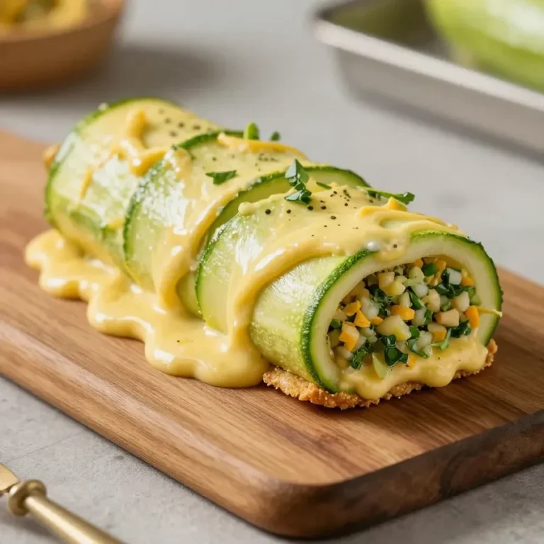 Gefüllte Zucchini-Hackfleisch-Rolle mit geschmolzenem Cheddar auf einem Teller serviert