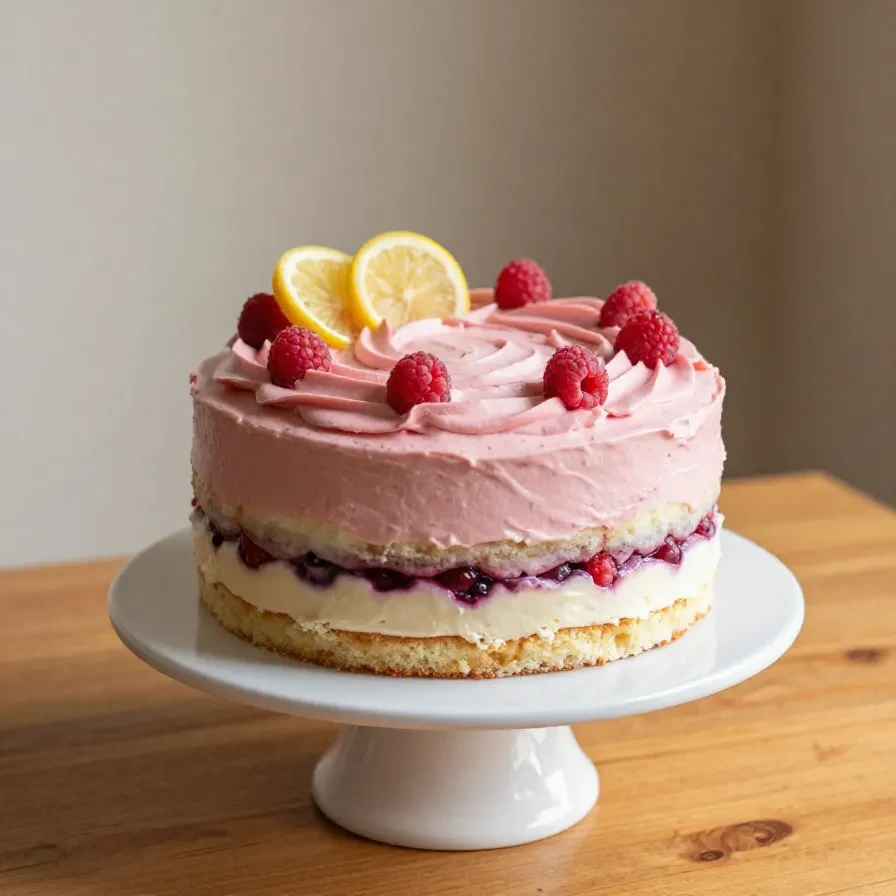 Ein cremiger Zitronen-Himbeer-Käsekuchen auf einem hellen Teller, garniert mit frischen Himbeeren und Zitronenscheiben.