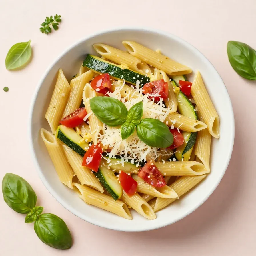 Eine Schale Tomaten-Zucchini-Pasta mit frischen Tomaten, Zucchini und Kräutern angerichtet.