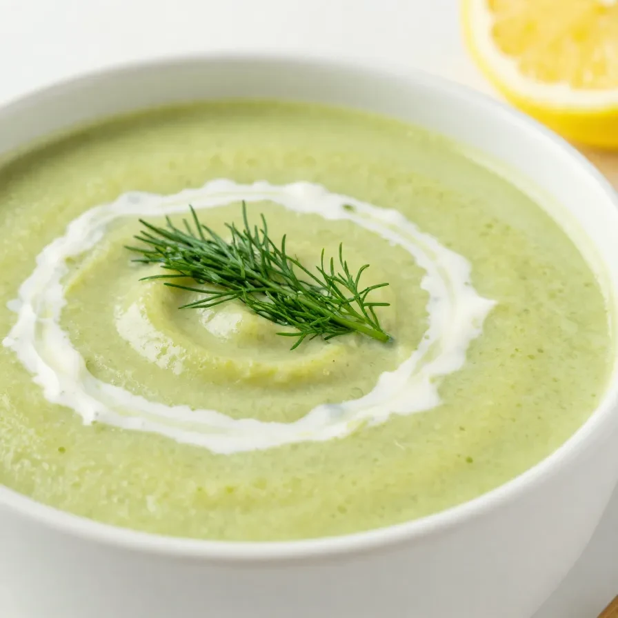 Eine cremige Zucchinisuppe in einer hellen Schale, garniert mit frischen Kräutern und einem Klecks Sahne.