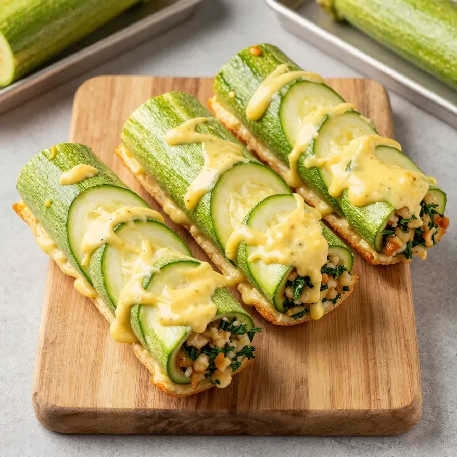 Gefüllte Zucchini-Hackfleisch-Rolle mit geschmolzenem Cheddar auf einem Teller serviert