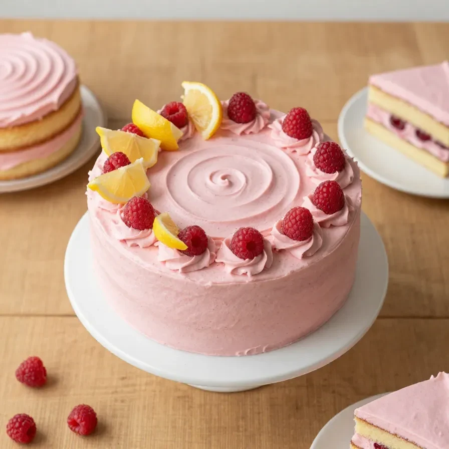 Ein cremiger Zitronen-Himbeer-Käsekuchen auf einem hellen Teller, garniert mit frischen Himbeeren und Zitronenscheiben.