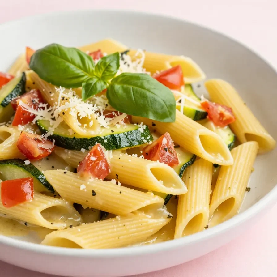 Eine Schale Tomaten-Zucchini-Pasta mit frischen Tomaten, Zucchini und Kräutern angerichtet.