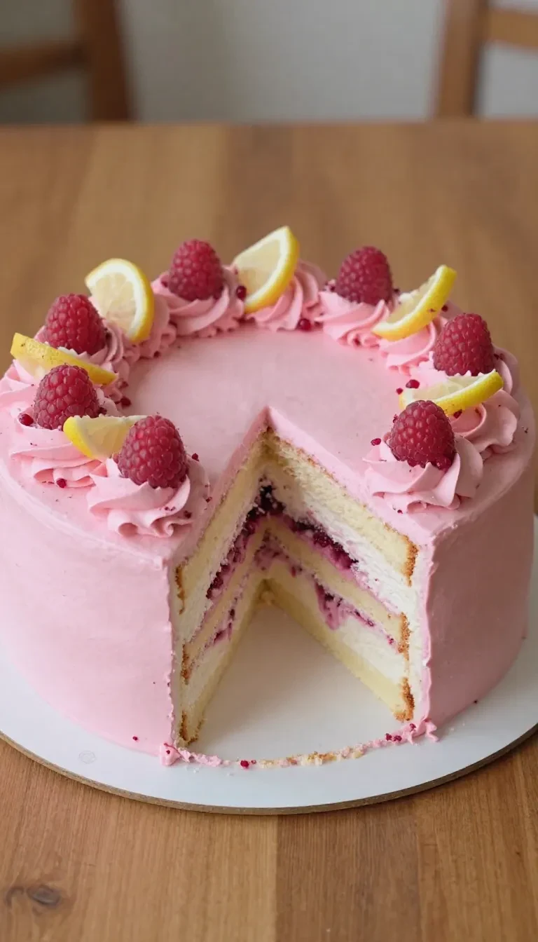 Ein cremiger Zitronen-Himbeer-Käsekuchen auf einem hellen Teller, garniert mit frischen Himbeeren und Zitronenscheiben.
