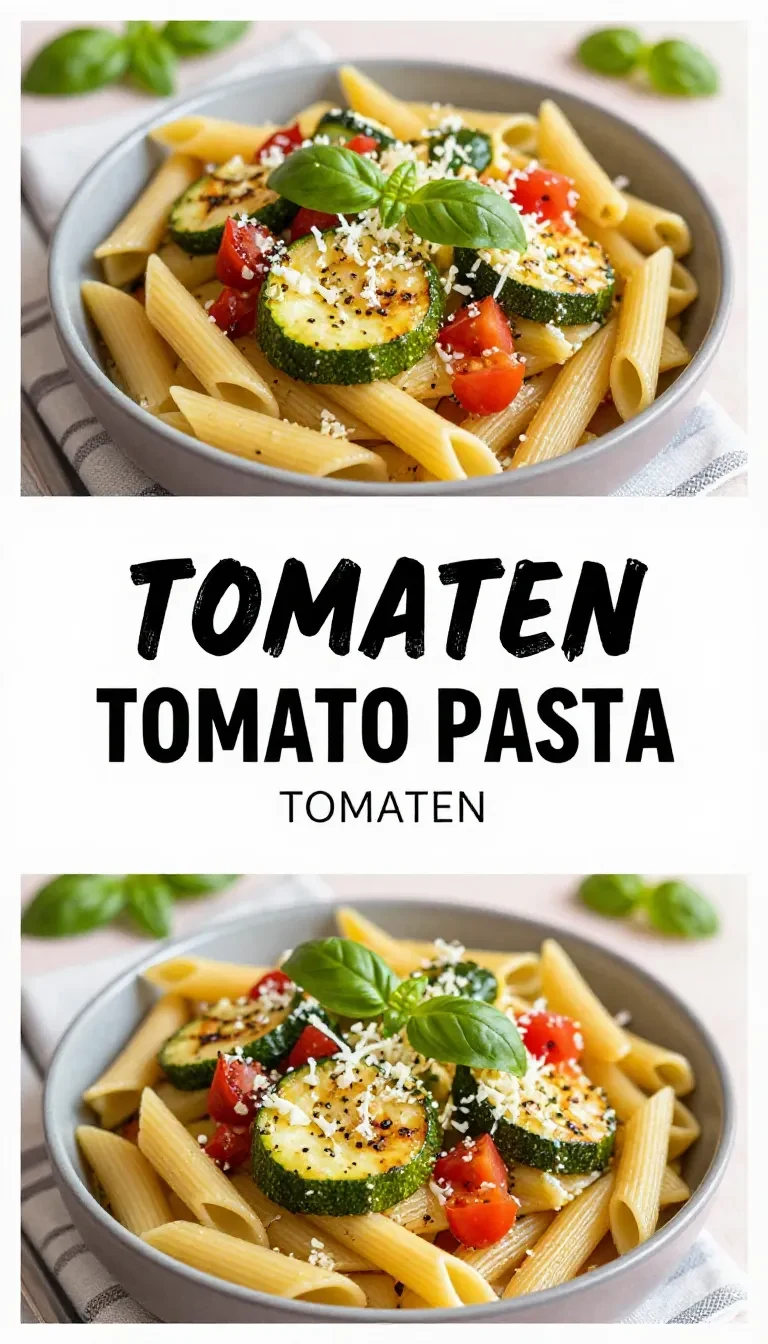 Eine Schale Tomaten-Zucchini-Pasta mit frischen Tomaten, Zucchini und Kräutern angerichtet.