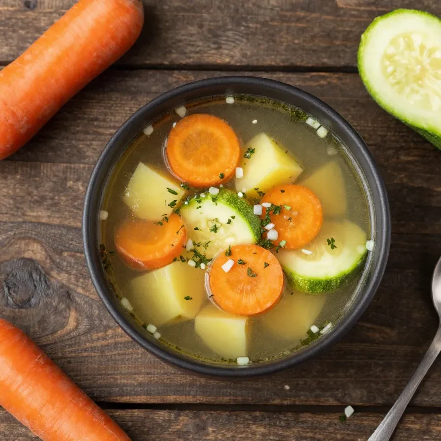 Eine cremige Kartoffel-Zucchini-Suppe in einer weißen Schüssel, garniert mit frischen Kräutern und etwas Pfeffer.