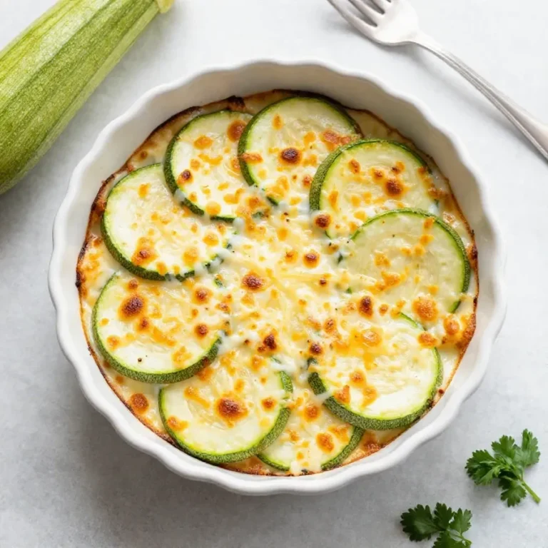 Ein frisch gebackenes einfaches Zucchini-Gratin in einer Auflaufform mit goldbrauner Käsekruste.