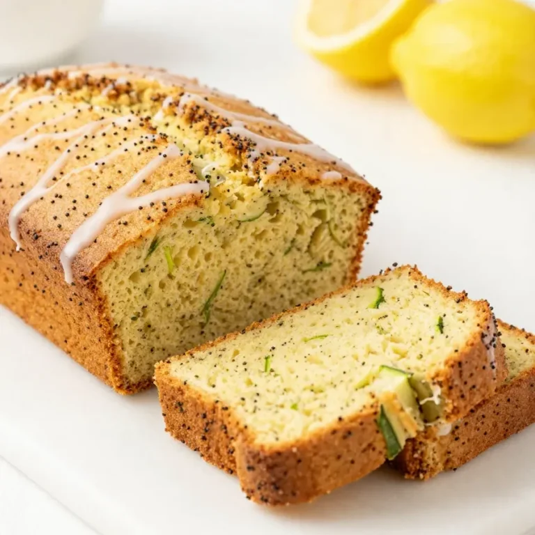 Frisch gebackenes Zitronen-Mohn-Zucchinibrot auf einem Holzbrett, mit Zitronenscheiben und Mohn bestreut