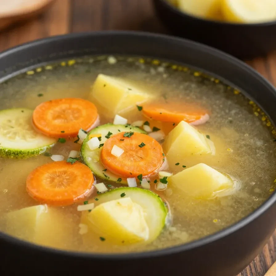 Eine cremige Kartoffel-Zucchini-Suppe in einer weißen Schüssel, garniert mit frischen Kräutern und etwas Pfeffer.