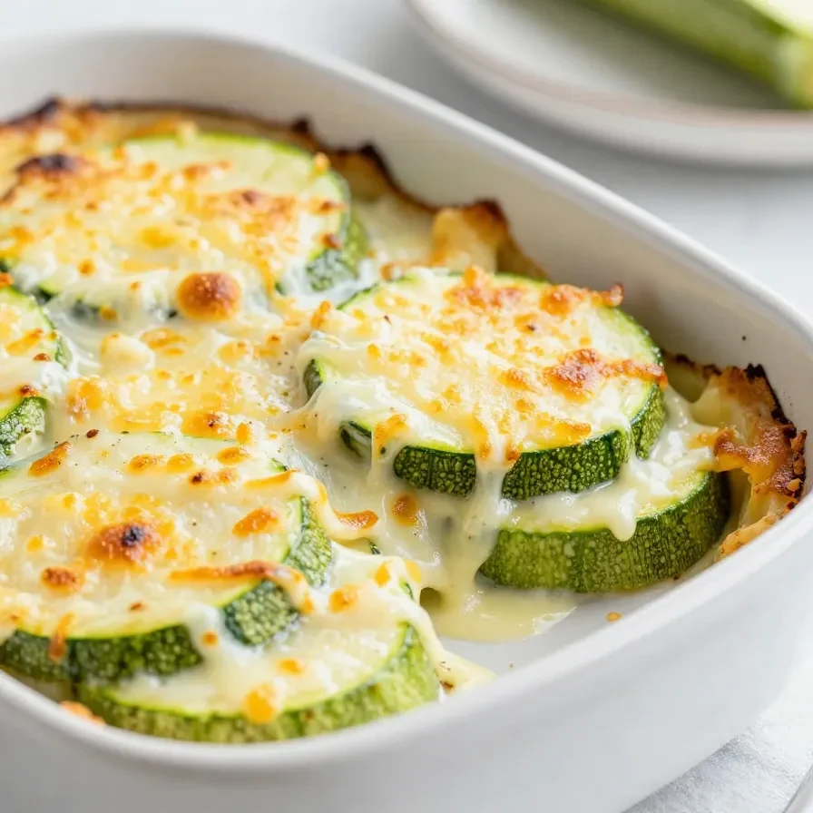 Ein frisch gebackenes einfaches Zucchini-Gratin in einer Auflaufform mit goldbrauner Käsekruste.