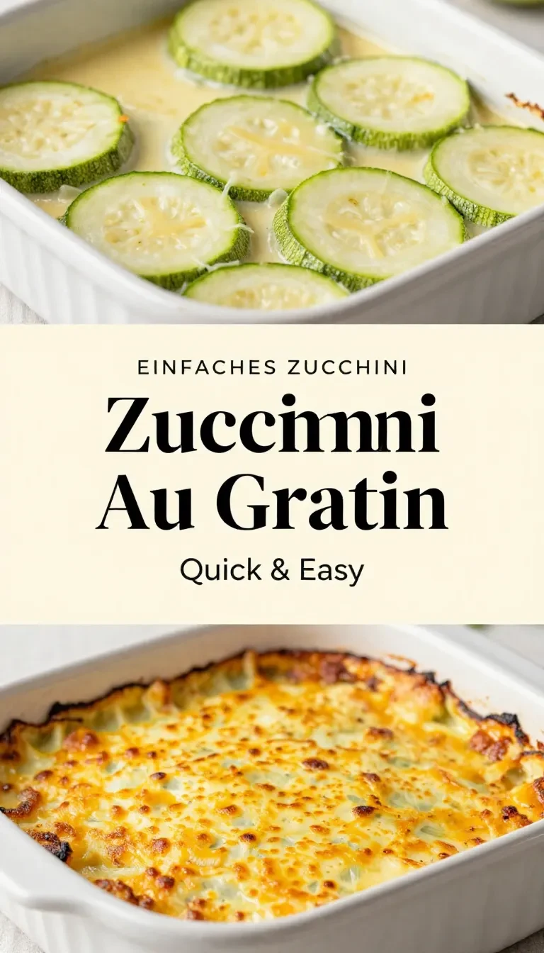 Ein frisch gebackenes einfaches Zucchini-Gratin in einer Auflaufform mit goldbrauner Käsekruste.