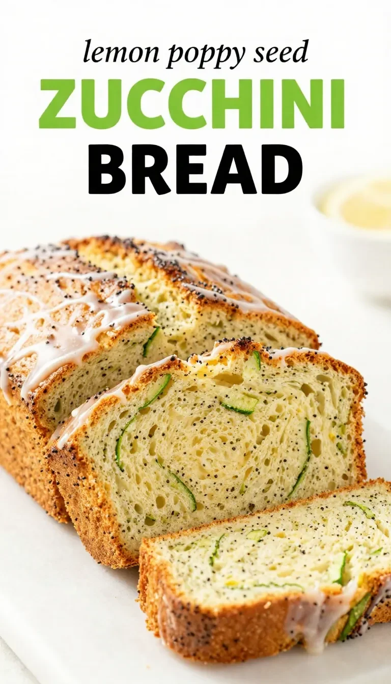 Frisch gebackenes Zitronen-Mohn-Zucchinibrot auf einem Holzbrett, mit Zitronenscheiben und Mohn bestreut