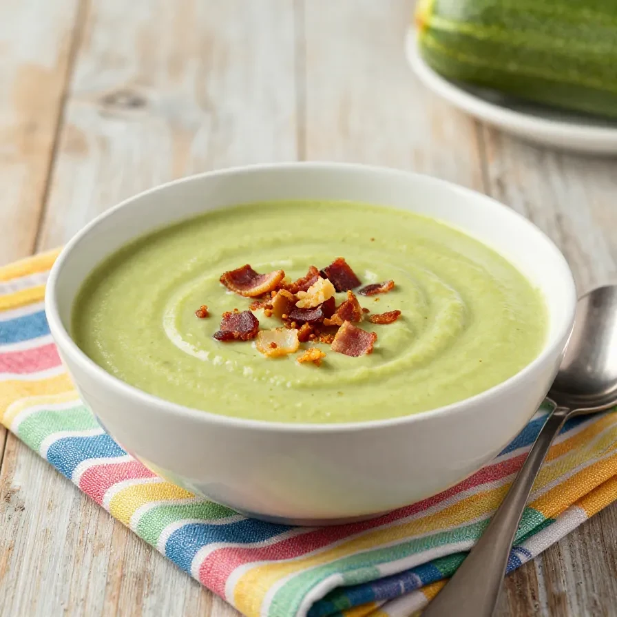 Eine cremige Zucchini-Parmesan-Suppe in einer Schüssel, garniert mit knusprigem Bacon und frischen Kräutern.