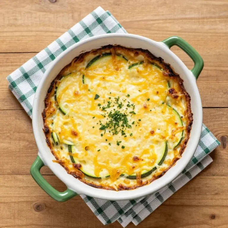Vegetarischer Zucchini-Auflauf in einer gebackenen Auflaufform, goldbraun überbacken und mit frischen Kräutern garniert.