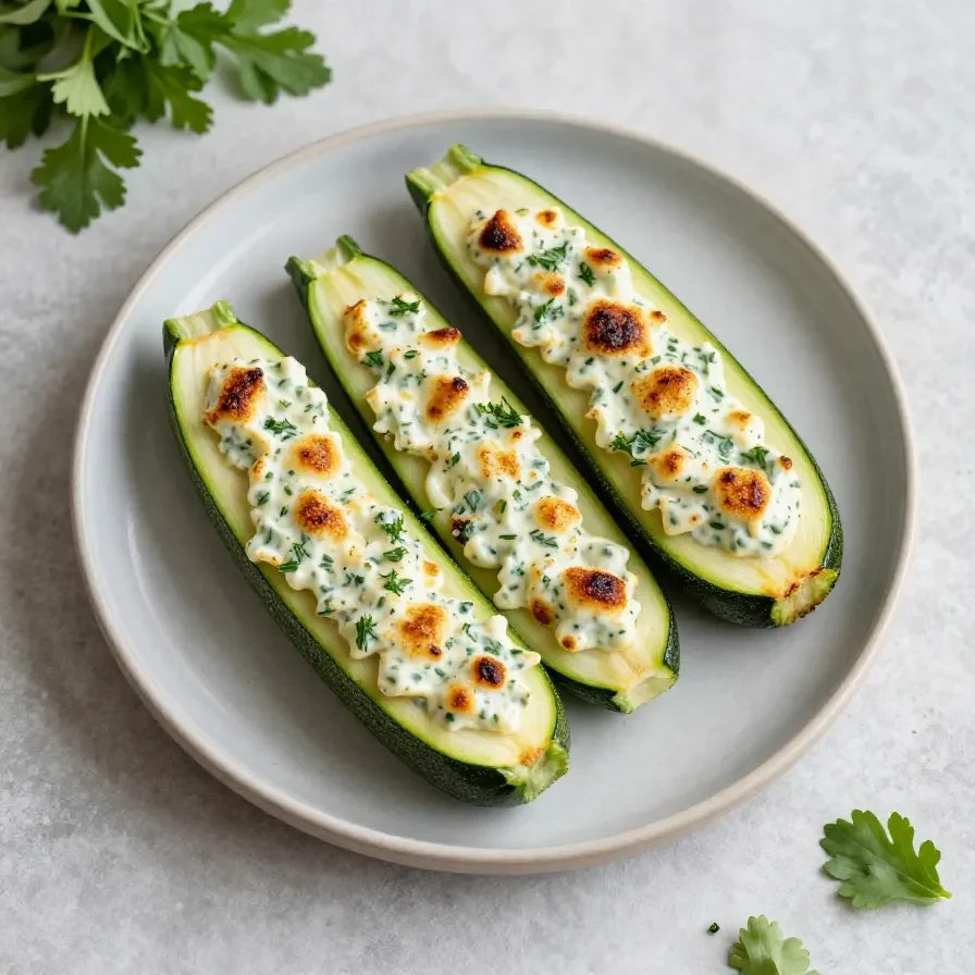 Gefüllte Zucchini mit Feta und Ei, frisch gebacken und auf einem Teller serviert