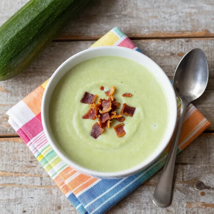 Eine cremige Zucchini-Parmesan-Suppe in einer Schüssel, garniert mit knusprigem Bacon und frischen Kräutern.