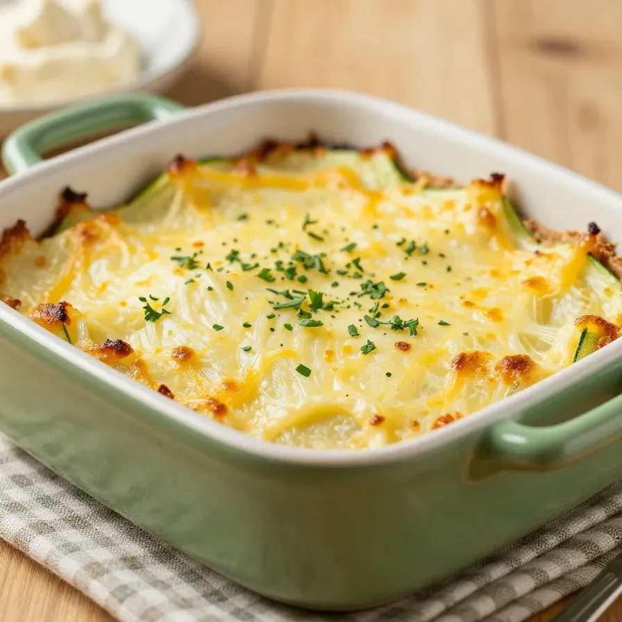 Vegetarischer Zucchini-Auflauf in einer gebackenen Auflaufform, goldbraun überbacken und mit frischen Kräutern garniert.