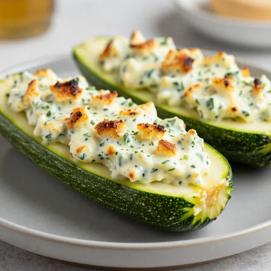 Gefüllte Zucchini mit Feta und Ei, frisch gebacken und auf einem Teller serviert
