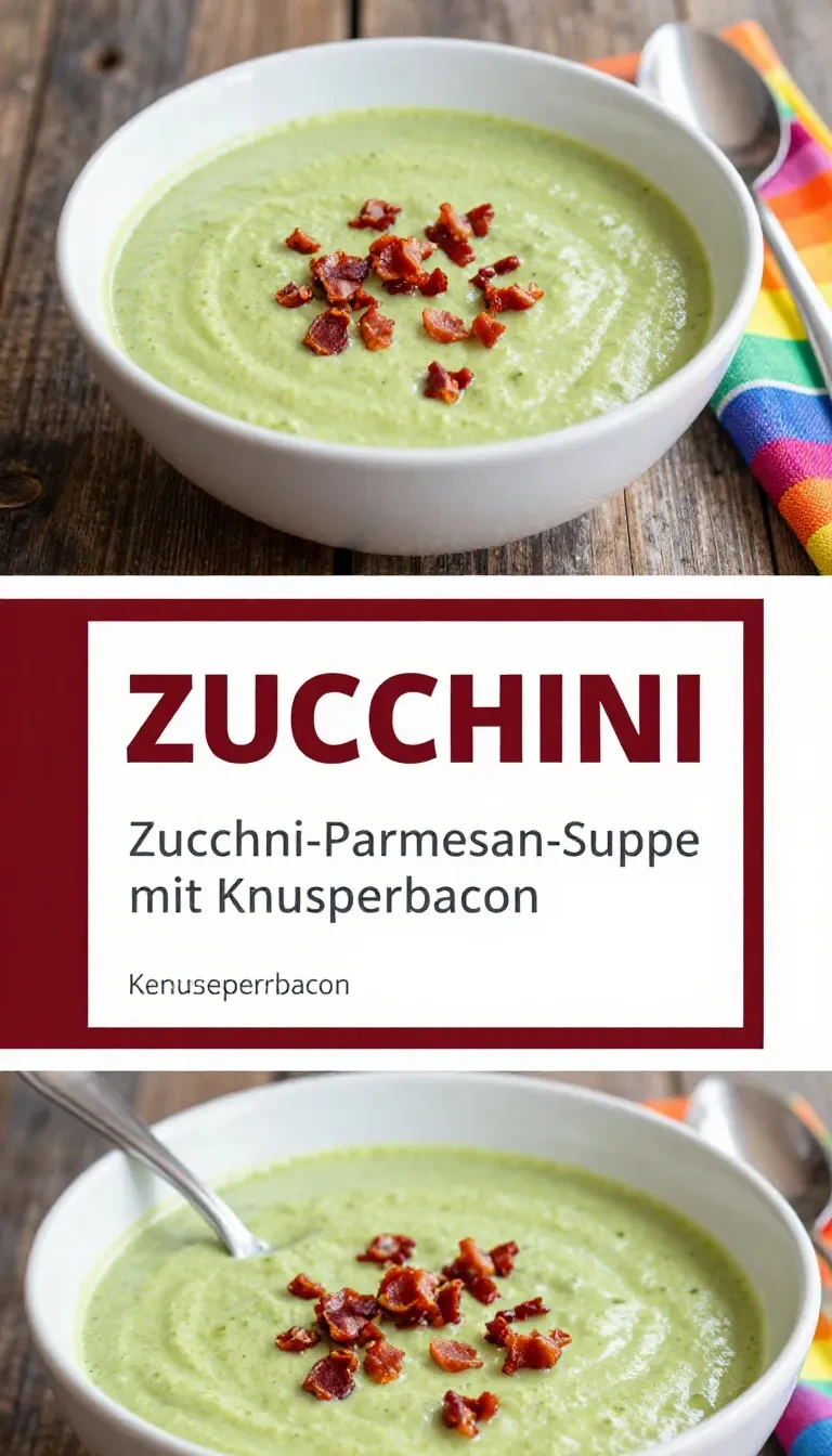Eine cremige Zucchini-Parmesan-Suppe in einer Schüssel, garniert mit knusprigem Bacon und frischen Kräutern.