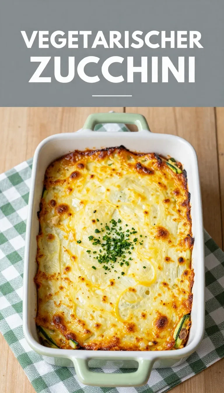 Vegetarischer Zucchini-Auflauf in einer gebackenen Auflaufform, goldbraun überbacken und mit frischen Kräutern garniert.