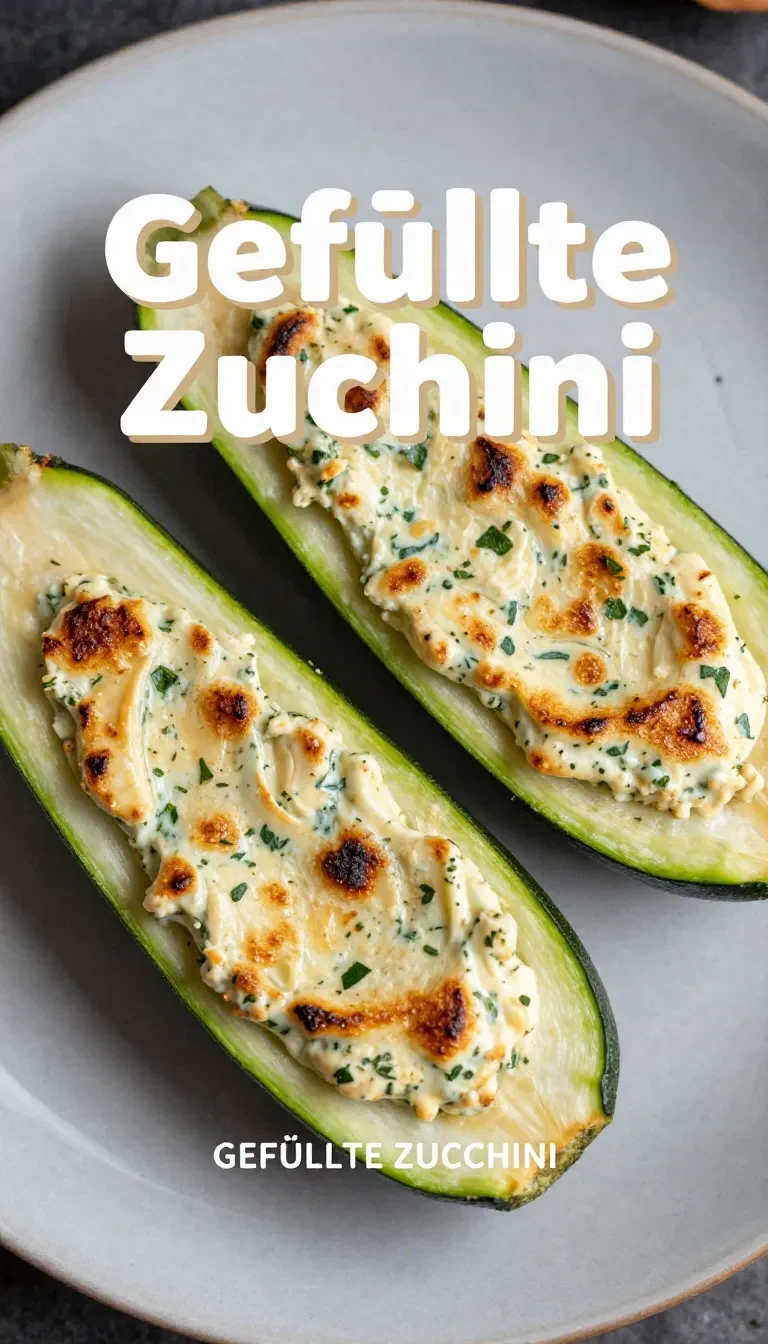 Gefüllte Zucchini mit Feta und Ei, frisch gebacken und auf einem Teller serviert