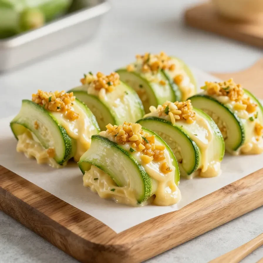 Gefüllte Zucchini-Hackfleisch-Rolle mit geschmolzenem Cheddar auf einem Teller serviert