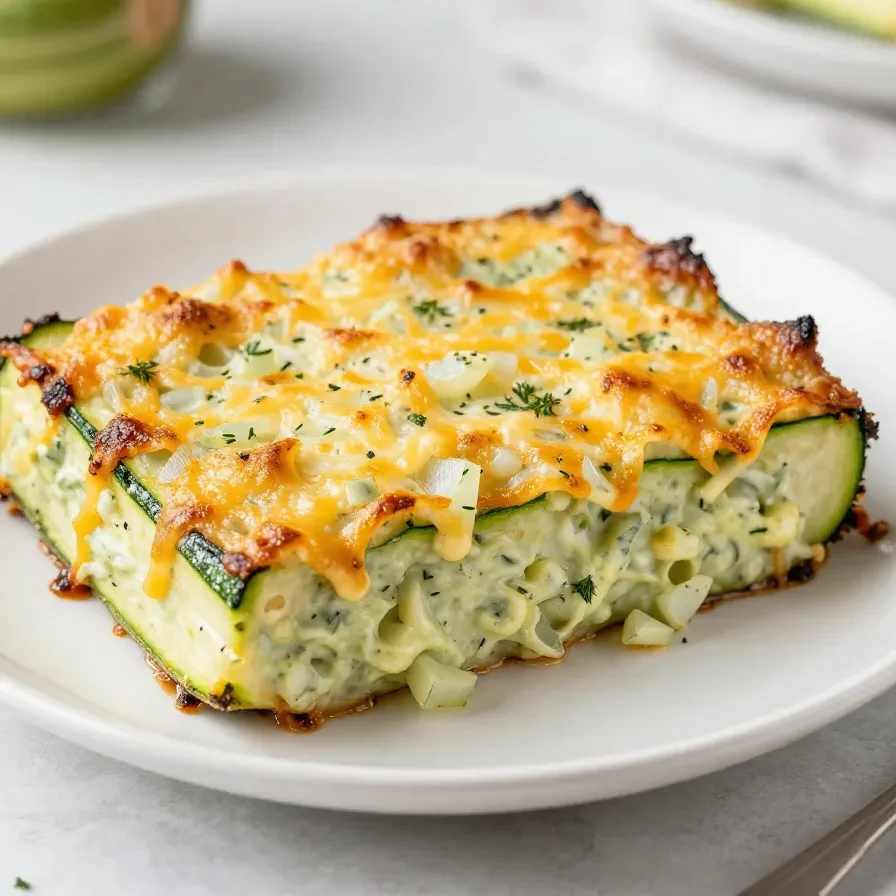Ein frisch gebackener Zucchini-Auflauf mit Hackfleisch und goldbraun überbackenem Käse in einer Auflaufform.