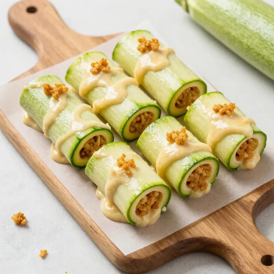 Gefüllte Zucchini-Hackfleisch-Rolle mit geschmolzenem Cheddar auf einem Teller serviert