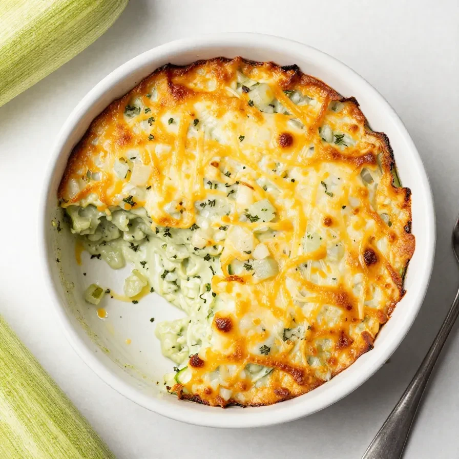 Ein frisch gebackener Zucchini-Auflauf mit Hackfleisch und goldbraun überbackenem Käse in einer Auflaufform.