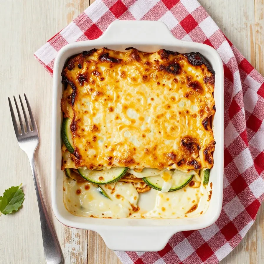 Frisch gebackene Zucchini-Lasagne in einer Auflaufform, mit goldbrauner Käsekruste und sichtbaren Zucchinischichten
